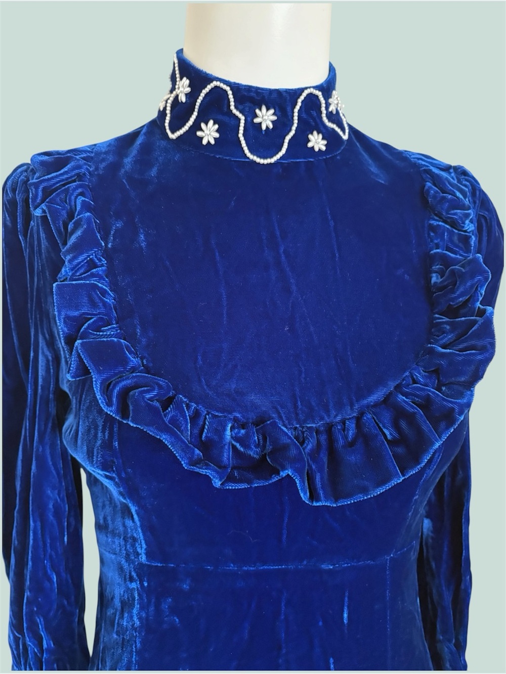Vintage 60’s Edwardian Revival Style Crushed Velvet Maxi Dress Sz S Beaded